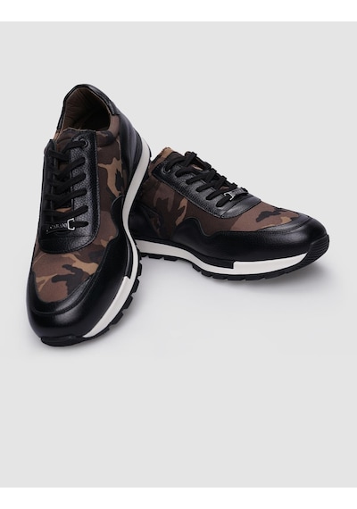 %100 Hakiki Deri Siyah Bağcıklı Kamuflaj Desenli Erkek Sneaker-siyah Siyah