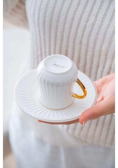 Lena 6 Kişilik Beyaz Kahve Fincanı Takımı - 90 Ml Açık Ahşap