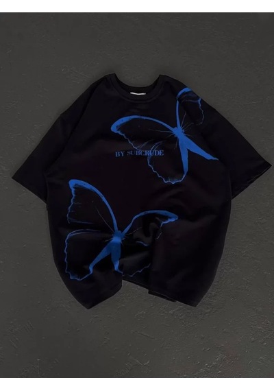 Baskılı Unisex Siyah Retro Dalga Pamuklu Tişört