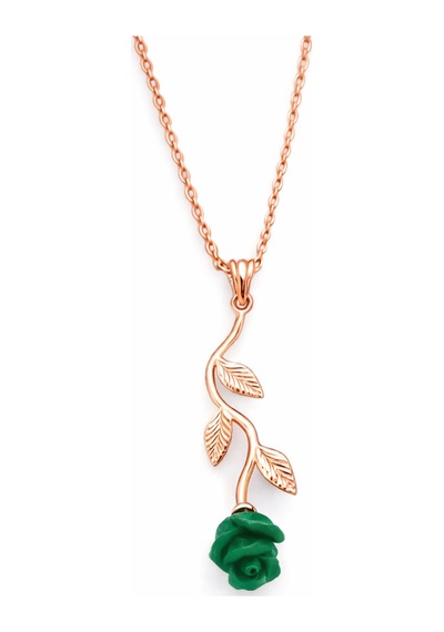 Çekirdekjewelry 925 Ayar Gümüş Rose Kaplama Yeşil Gül Detaylı Kadın Kolye Pembe