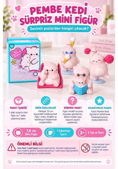 Pembe Kedi Sürpriz Paket Koleksiyonluk Mini Figür Ve Çıkartma 1 Adet 7,6 Cm