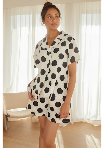 Ekru Gömlek Yaka Puantiyeli Dokuma Kadın Pijama Takımı