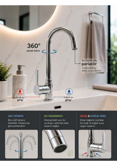 Krom Lüx Gövde Premium Banyo Lavabo Bataryası Çift Su Girişli Batarya