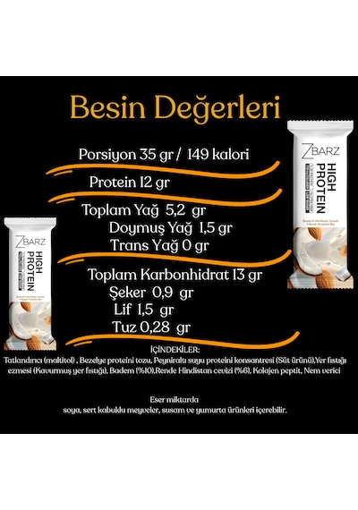 Zbarz Bademli Hindistan Cevizli Yüksek Proteinli Bar 12 x 35 G