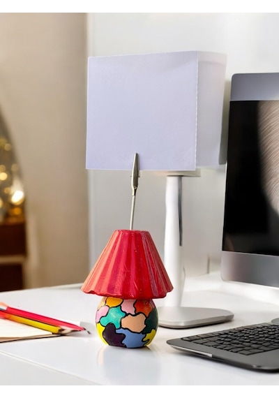 Kırmızı Abajur Fotoğraf Not Tutacağı Ofis Masası Hediyelik Tutucu Kırmızı