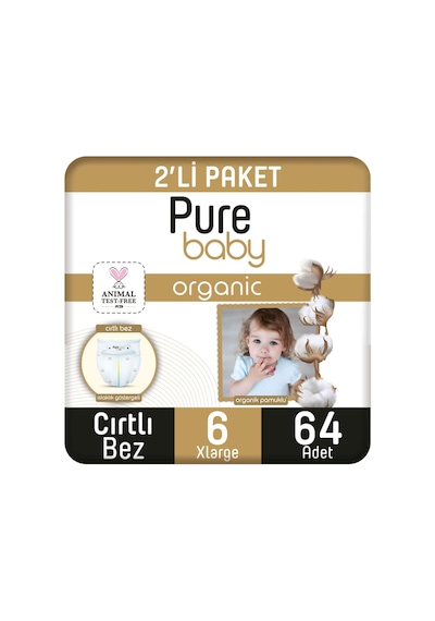 Pure Baby Organik Pamuklu Cırtlı Bez 2'li Paket 6 Numara Xlarge 64 Adet 2'li
