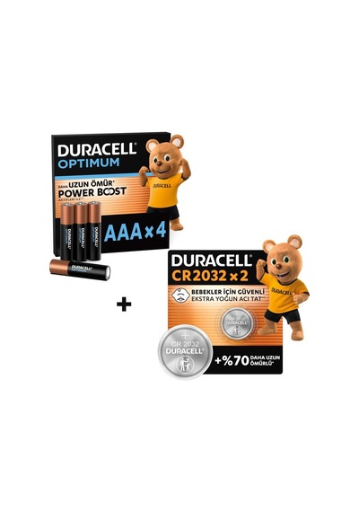Duracell Optımum Aaa Alkalin İnce Kalem Pil 4'lü Paket & Cr 2032 Lityum Düğme Pil 2'li Paket