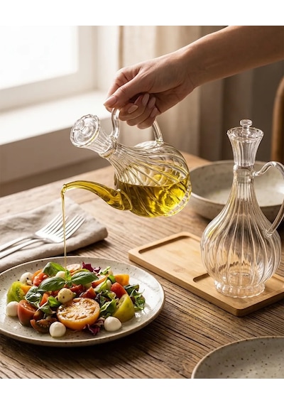 2li Cam Yağdanlık 750ml+750 Ml Glory Çizgili Bambu Stantlı Borosilikat Sirkelik El Üretimi Yağ, Sirke Ve Sos Şişesi Ç Şeffaf
