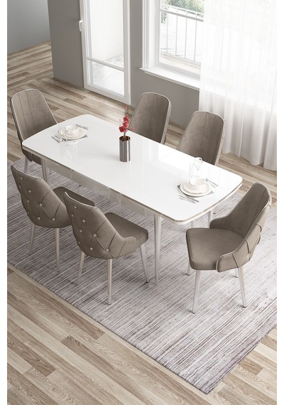 Canisa Tia Serisi 80x132 Açılabilir Mdf Mutfak Masası Takımı Beyaz Masa Krom Detay 6 Cappucino Sandalye Masa Beyaz Sandalye Cappucino Canisa Tia Serisi 80x132 Açılabilir Mdf Mutfak Masası Takımı Beyaz Masa Krom Detay 6 Cappucino Sandalye Masa Beyaz Sandalye Cappucino