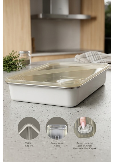 Stainless Paslanmaz Çelik Vakumlu Saklama Kabı,fırın Ve Kek Kabı 3 Lt Yemek Kabı Sefer Tası Gri