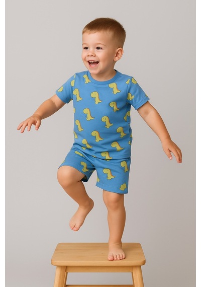 Aden Kids Dinazor Baskılı Yazlık Pijama Takımı Buz Mavisi