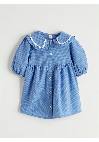 Meral Collection Mavi Nakışlı Bebe Yaka Kareli Kız Bebek Elbise Mavi