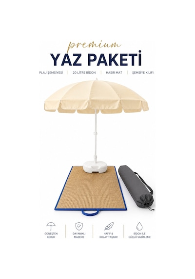 Plaj Yaz Paketi, Şemsiye+hasır Mat+bidon+kılıf Bej
