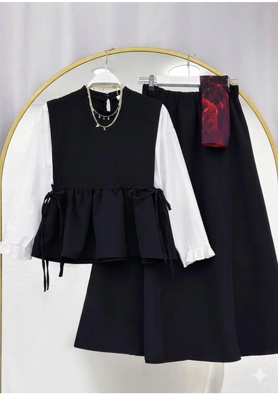 Lovie Moda Kadın Kolu Büzgülü Etekli Takım - Siyah
