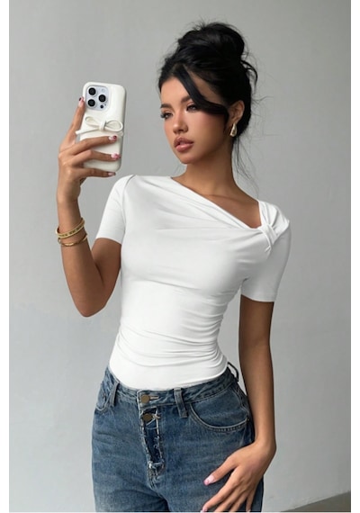 Kadın Çapraz Yaka Kısa Kollu Slim Fit Bluz Beyaz