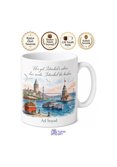İstanbul Sevdası Boğaz Köprüsü Kız Kulesi Galata Martı Baskılı Porselen Kupa Bardak Hediye Beyaz / Çok Renkli