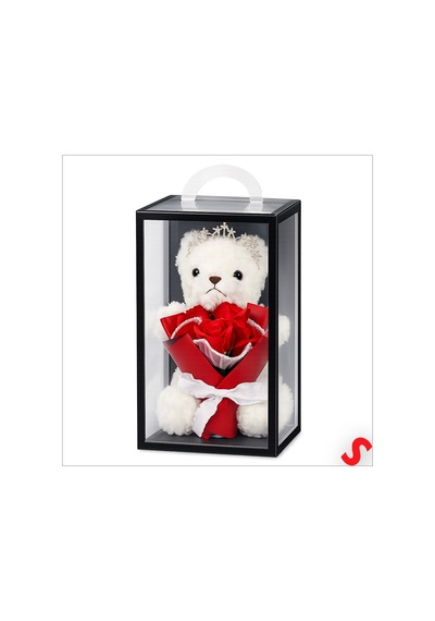 Pvc Kutulu,pelüş Ayıcıklı Ve Metal Taçlı Çiçek Buketi 28cmx18cm Renkli