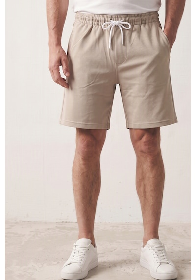 Elemge Erkek Bej Pike Dokulu Kumaş Rahat Kalıp Beli İpli Şort Günlük Basic Regular Fit Cepli Normal Bel Esnek Bermuda