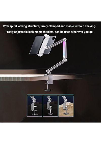 Profesyonel Ayarlanabilir Led Işıklı Uzun Kollu Alüminyum Masaüstü 14.6 İnç Kadar Uyumlu İpad İle Uyumlu Tablet Stant Ve Tutucu Cantilever Kol Tasarım, 360 Döner, Tablet Standı P67h