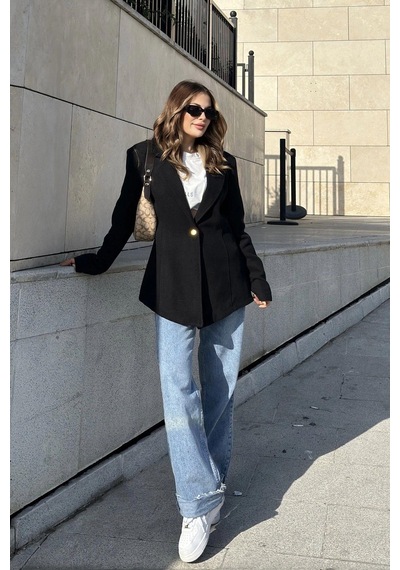 Kadın Siyah Astarlı, Tek Düğme, Vucüda Oturan Kalıp, Fitilli Kaşe Kumaş Blazer Ceket Siyah Kadın Siyah Astarlı, Tek Düğme, Vucüda Oturan Kalıp, Fitilli Kaşe Kumaş Blazer Ceket Siyah
