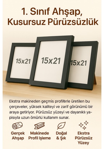 Siyah Boyalı Ahşap Fotoğraf Çerçevesi 15x21 Cm Şık & Dekoratif Masaüstü Kullanım Pürüzsüz Yüzey