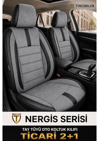 Ford Courier 2014 Ve Sonrası Gri Siyah Nergis Serisi Ortopedik Tay Tüyü 2+1 Ticari Koltuk Kılıfı Gri Siyah