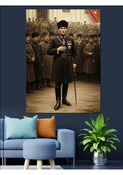 Ahşap Tablo Retro Askeri Kıyafetli Atatürk
