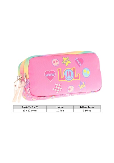 Kaukko Kids Pembe Çok Renkli, Lol Baskılı, Kız Çocuk Üç Gözlü Okul Kalem Çantası - L8237 Pembe - Çok Renkli