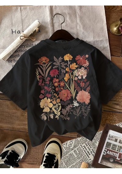 Flovers Baskılı Tasarım Tshirt Siyah