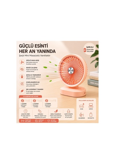 Dd5007 Masaüstü Şarjlı Fan 3 Kademeli Taşınabilir Vantilatör Hafif Taşınabilir Serinletici Mini Klima Fan