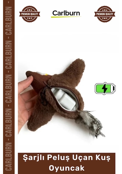 Petshop Kedi Avcılık İçgüdüsü Tetikleyici Kanat Çırpan Sesli Usb Şarjlı İpli Peluş Uçan Kuş Oyuncak