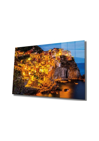 Dağ Işıklı Evler Temalı Modern Uv Dijital Baskı Dekoratif Cam Tablo Mountain Houses