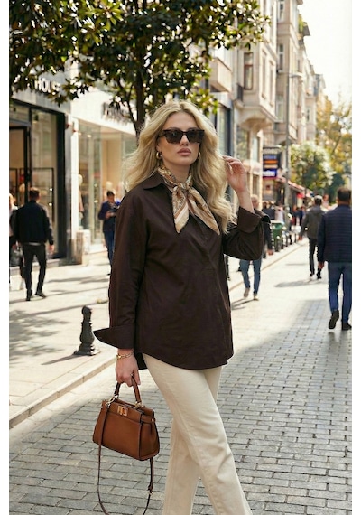 Lela Regular Fit Klasik Yaka Bağlamalı Uzun Kollu Bayan Gömlek 6834987 Kahve