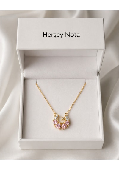 Pembe Taşlı Butterfly Ay Yıldız Kolye Altın Renk Kadın Hediye Altın - Gümüş