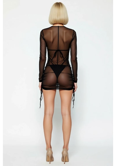 Benerly Kadın V Yaka Uzun Kol Bodycon Kalıp Mini Elbise Fonksiyonel Rahat Siyah