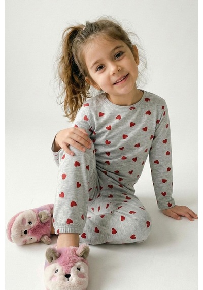 Breeze Kız Çocuk Pijama Takımı Kalp Desenli 4-8 Yaş, Açık Gri Melanj Açık Gri Melanj