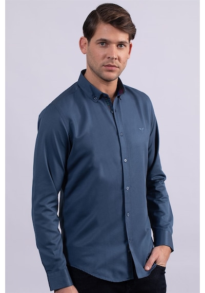 Tudors Slim Fit Dar Kesim Uzun Kol Erkek Gömlek-23462 Petrol