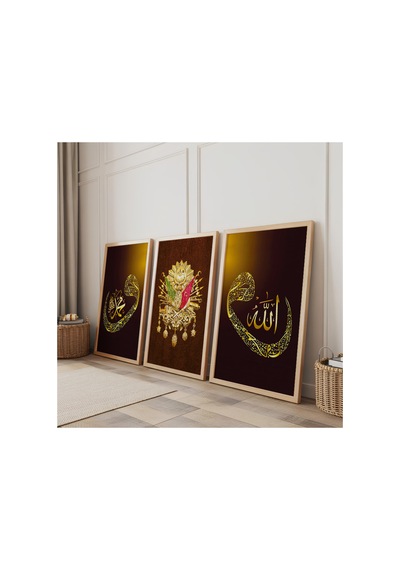 Ahşap Çerçeveli Sarı Renk Modern Üçlü Ahşap Tablo Seti