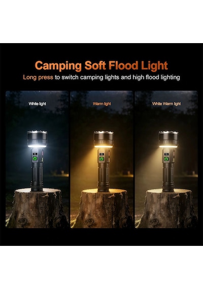 Güçlü Led El Feneri Tam Set - Tripod + Sert Taşıma Çantası + Şarj Kablosu Ve Bilek Askılı & Powerbank Özellikli 10 Mod Gri