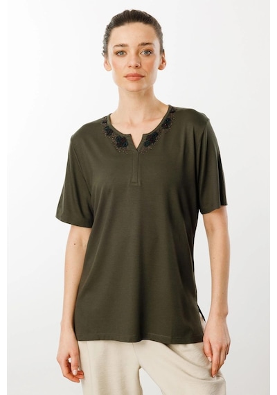 Desen Triko Kadın Açma Yaka Dantel Çiçek İşlemeli Penye T-shirt 24751 Haki Haki