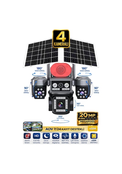Sw440 4 Kameralı 20mp 5g Sim Kartlı Ptz Güvenlik Kamerası Çift Solar Panelli Güneş Enerjili Kamera