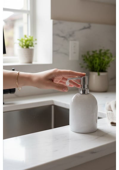 Akayev Mermer Beyaz Gümüş Banyo, Mutfak Sıvı Sabunluk Beyaz