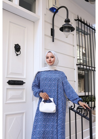 Nevayla Moda Çiçek Desenli Viskon Elbise - Mavi / E0128 Mavi