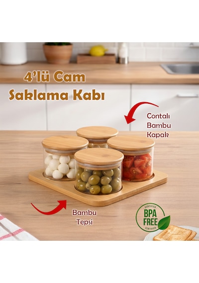 Porsima Hf009006 Yuvarlak 4lü Hava Geçirmez Bambu Standlı Cam Kahvaltılık Seti Bambu Kapaklı Saklama Kabı 250ml Şeffaf