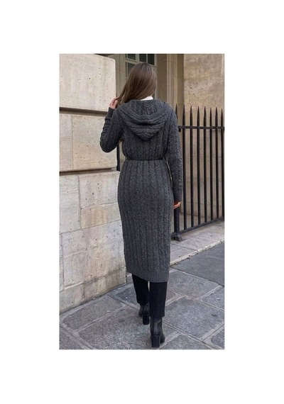 Onno Style Women Saç Örgü Triko Uzun Kadın Hırka Gri
