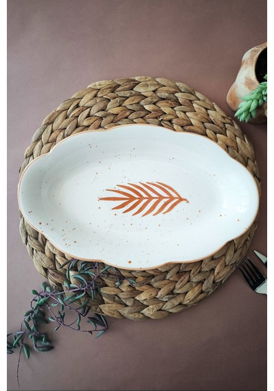 Başak Desenli 30 Cm El Yapımı Kayık Tabak Servis, Salata, Meyve Sunumları İçin Şık Ve Doğal Tasarım Beyaz