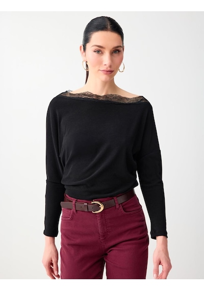 Jimmy Key Siyah Kayık Yaka Uzun Kollu Dantel Detaylı Örme Bluz 6sw035531900