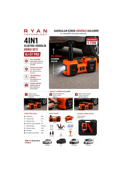 5 Ton Hidrolik Araç Krikosu 12v 4in1 Elektrikli Kriko Seti Hava Kompresörü Bijon Sökme Anahtarı Lastik Değiştirme Led Rj-5t Pro