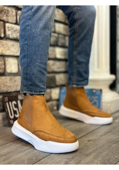 Ba0150 Bağcıksız Erkek Taba Süet Beyaz Yüksek Taban Spor Bot