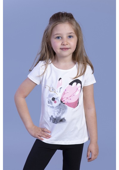 Toontoy Kids Toontoy Kız Çocuk Tavşan Baskılı Pul İşlemeli Tişört Ekru